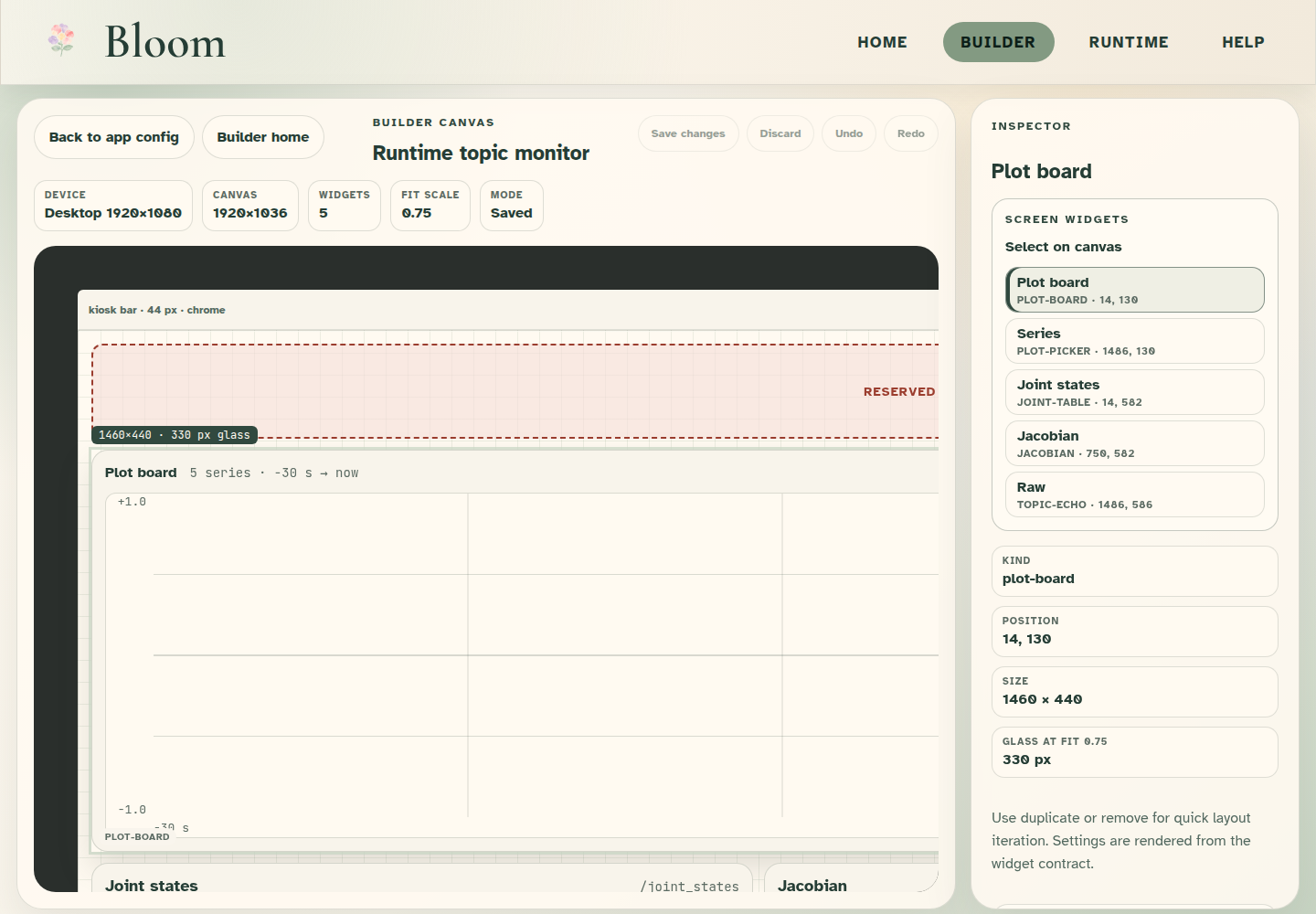 Bloom Builder canvas with a screen being composed from widgets