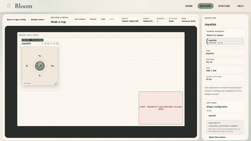 Animated tour of Bloom: composing a screen in the Builder, then driving the arm from the Runtime