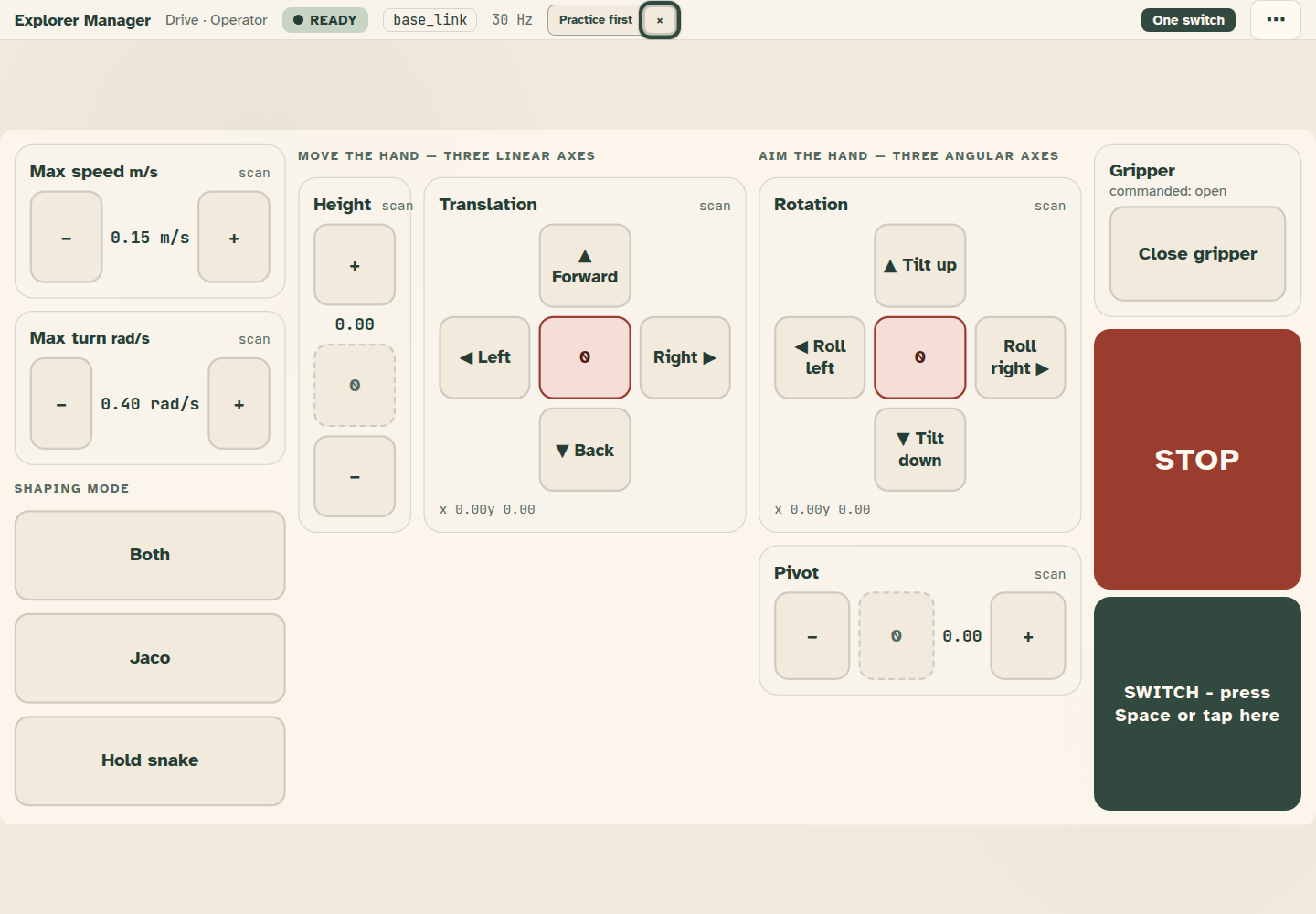 Bloom runtime in single-switch scanning mode, with one control highlighted at a time